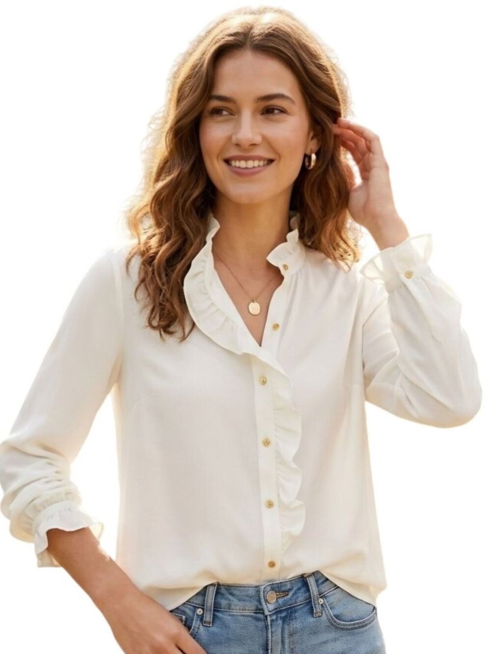 J.Crew Drapey Cottage Top Ivory Gold Buttons Ruffled Classic 2023 Size 8